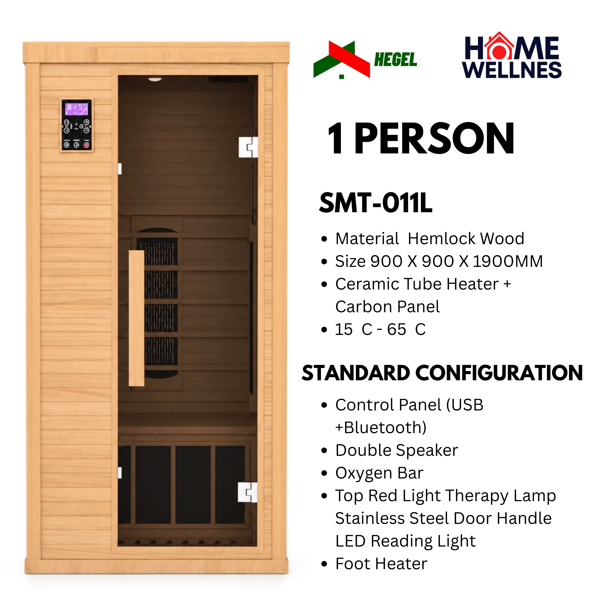 Sauna Indoor 1 Person Hemlock Wood - Infrared Carbon Panel - HEGEL SMT-011L